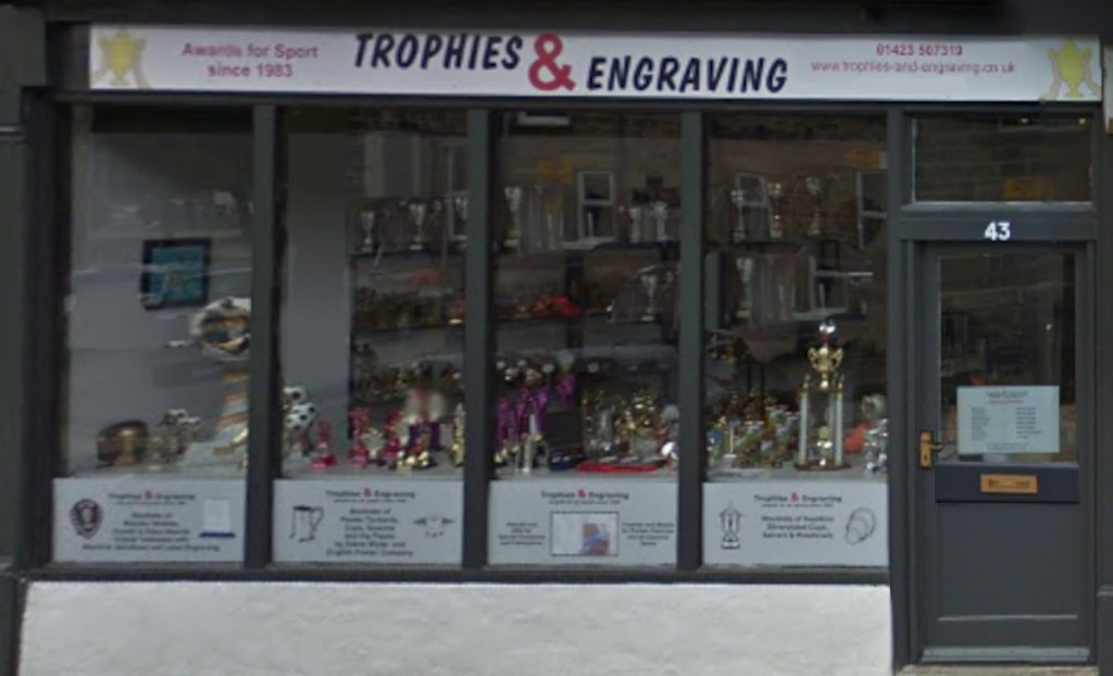 The Trophies and Engraving shop front on Valley Mount, Harrogate